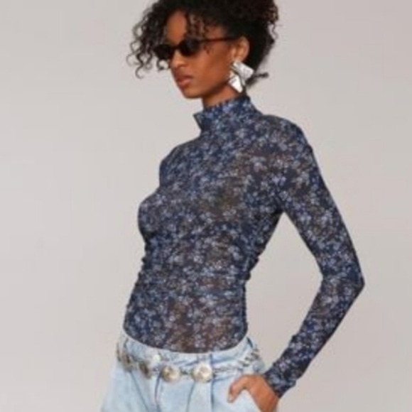 Avec Les Filles Tops - AVEC LES FILLES Mesh Navy Floral Mock-Neck Long Sleeve Top SMALL